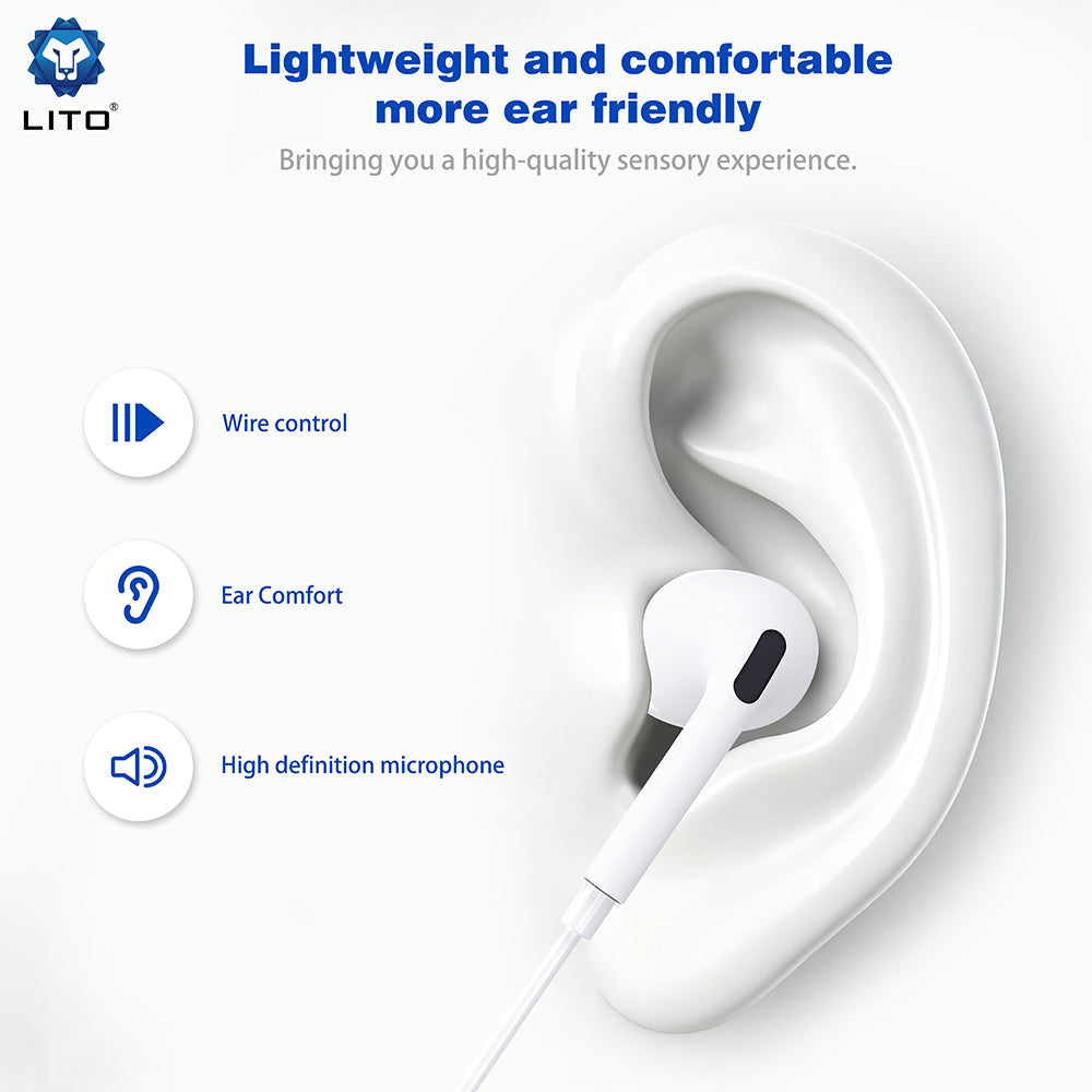 Casti Lito Wired Earphones (LF03), Jack 3.5mm, Type-C, Stereo, Half In-ear, with HD Microphone, 1.2m, Alb