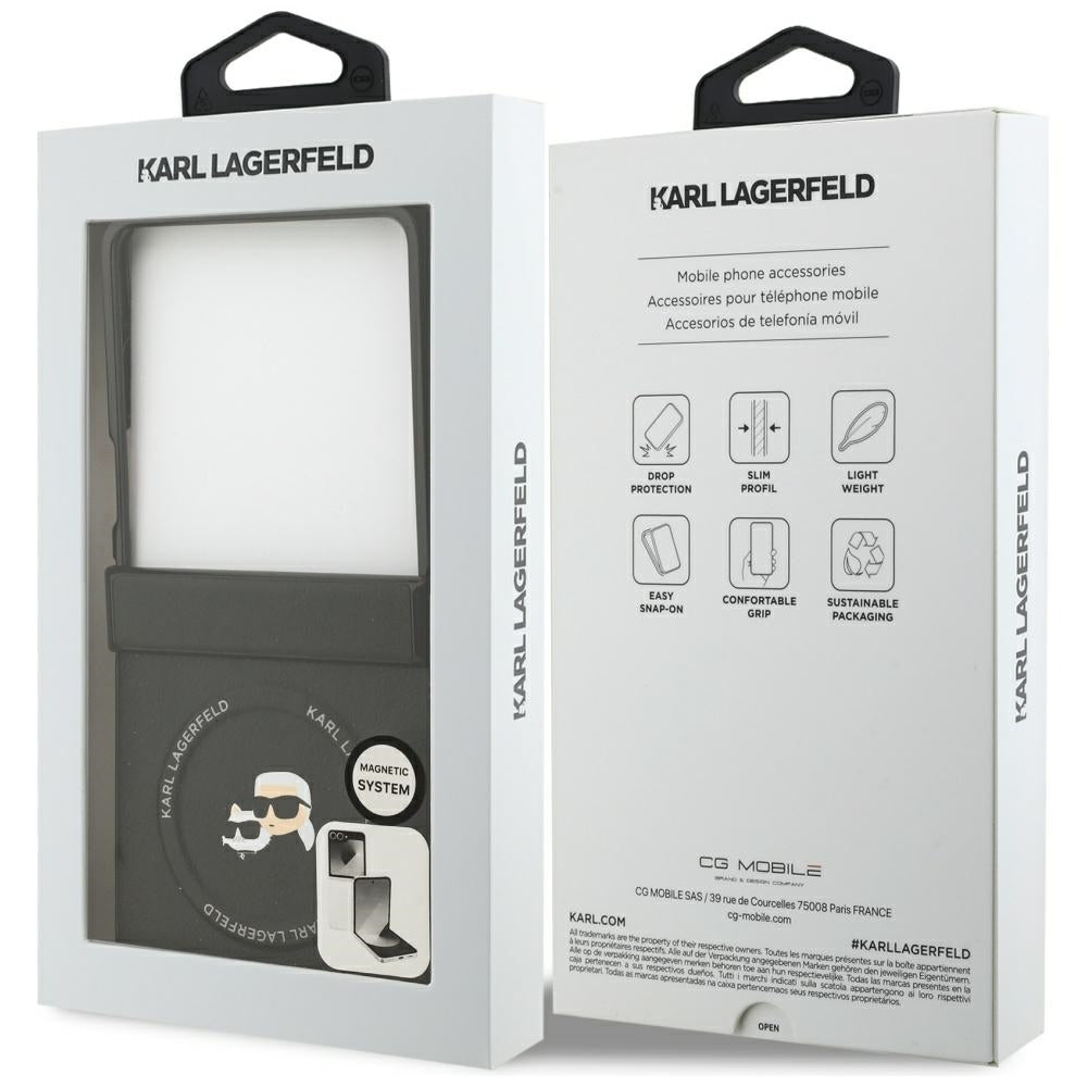 Husa de protectie Karl Lagerfeld Leather Karl & Choupette Pins MagSafe (KLHMZF7PSMLRKCK) compatibil cu Samsung Galaxy Z Flip7, Negru