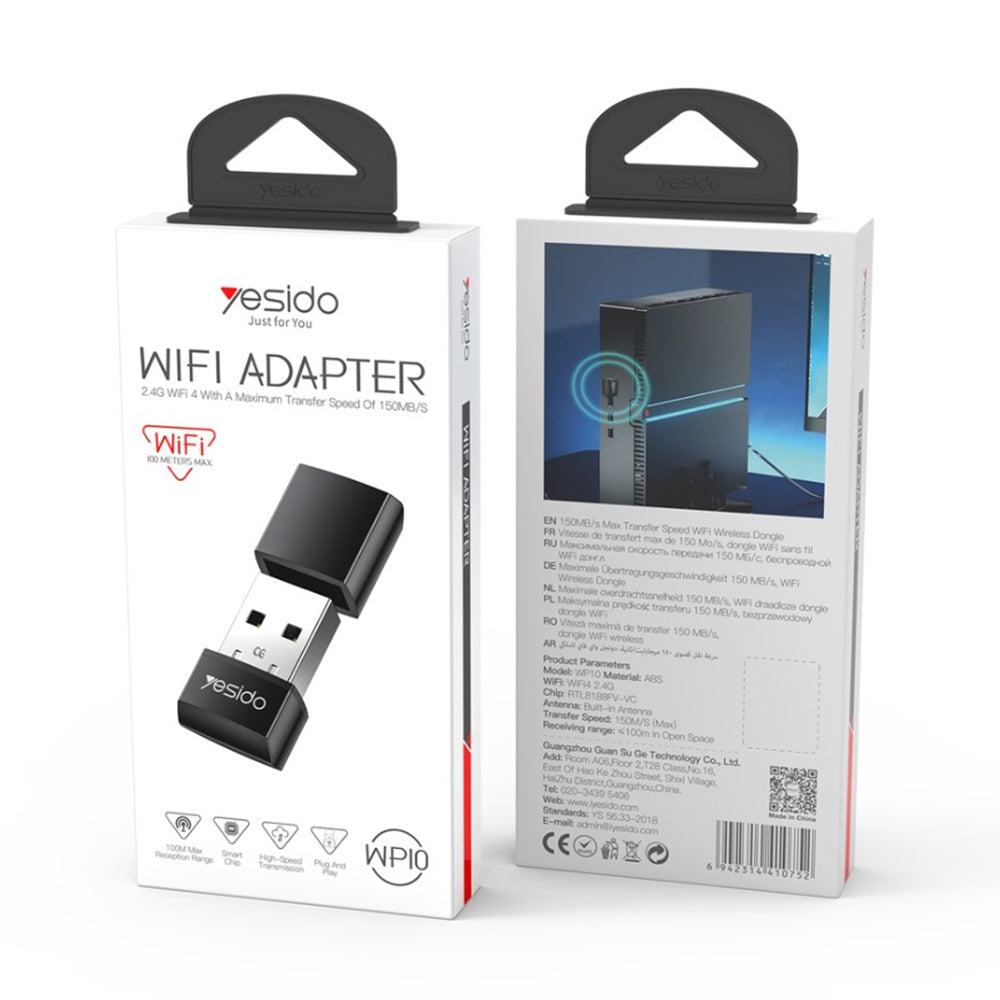 Adaptor Yesido Wi-Fi Adapter (WP10), with Built-in Antenna, UBS-A, 150Mbps, WiFi4 2.4G, Plug&Play, Negru