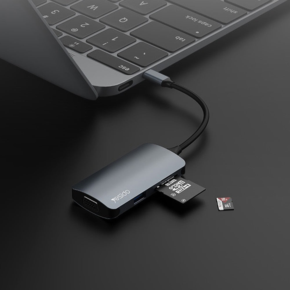 Hub/Dock Yesido Docking Station 7in1 (HB16), Type-C to 1x USB3.0, 2x USB2.0, TF/SD Card, 1x VGA, 1x Type-C, 5Gbps, PD100W, Gri