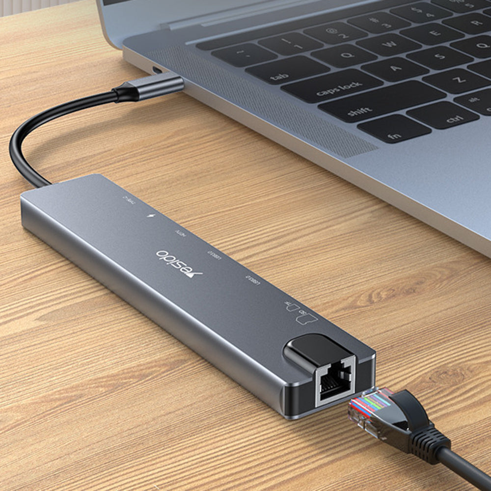 Hub/Dock Yesido Docking Station 8in1 (HB27), Type-C to 2x USB, 2x USB-C, HDMI, RJ45, TF/SD, PD100W, Fast Charge, 4K@30Hz, Gri