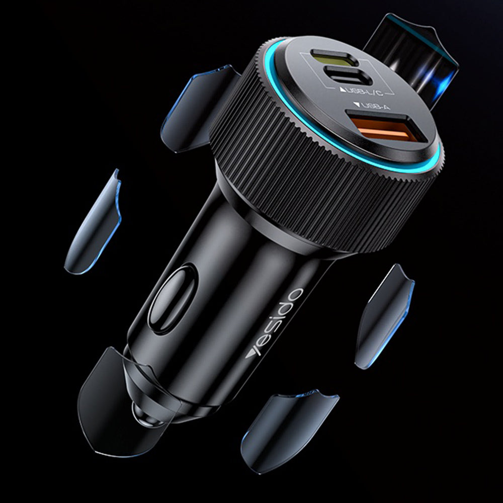 Incarcator Yesido Car (Y60), Cable Type-C to Lightning Included, Lightning/USB-A/USB-C Ports, 38W, Fast Charging, Negru
