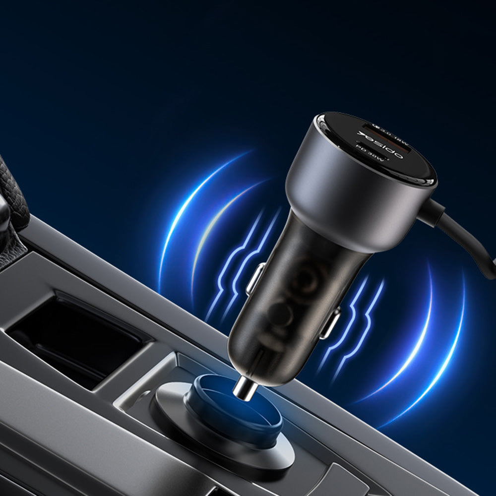 Incarcator Yesido Car (Y57), with Lightning Spring Cable, Type-C/USB-A Ports, 50W, Fast Charging, Negru