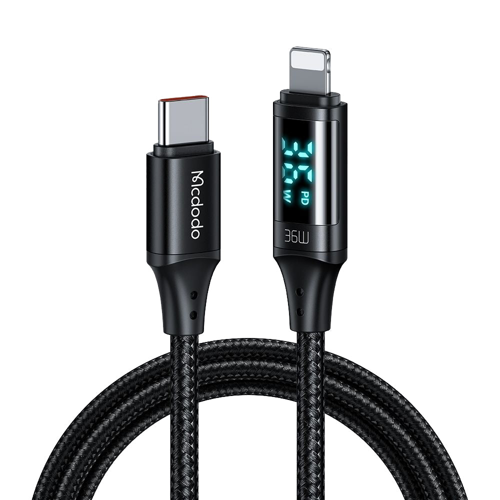 Cablu Mcdodo (CA-1030), Type-C to Lightning, with Digital Display, Nylon Braided, Aluminum Alloy, 36W, 1.2m, Negru