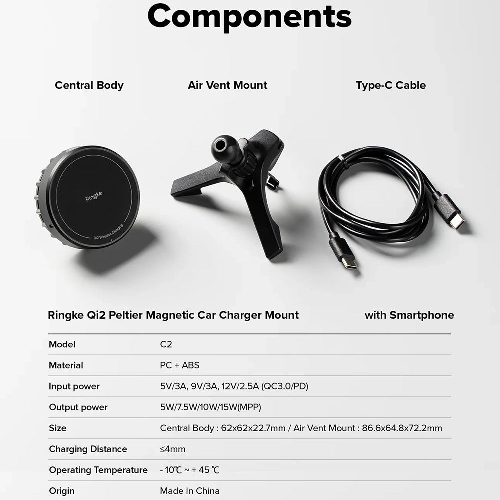 Suport Ringke with Wireless Charging Peltier, Magnetic, Qi2, for Air Vent, 15W, Negru