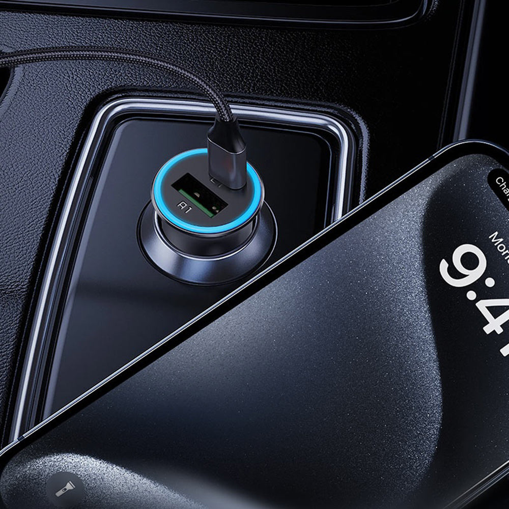 Incarcator Acefast Car (B16), Fast Charge, USB, Type-C, 95W, PD3.0, Ice-blue Ambient Light, Aluminium Alloy, Metal Gray
