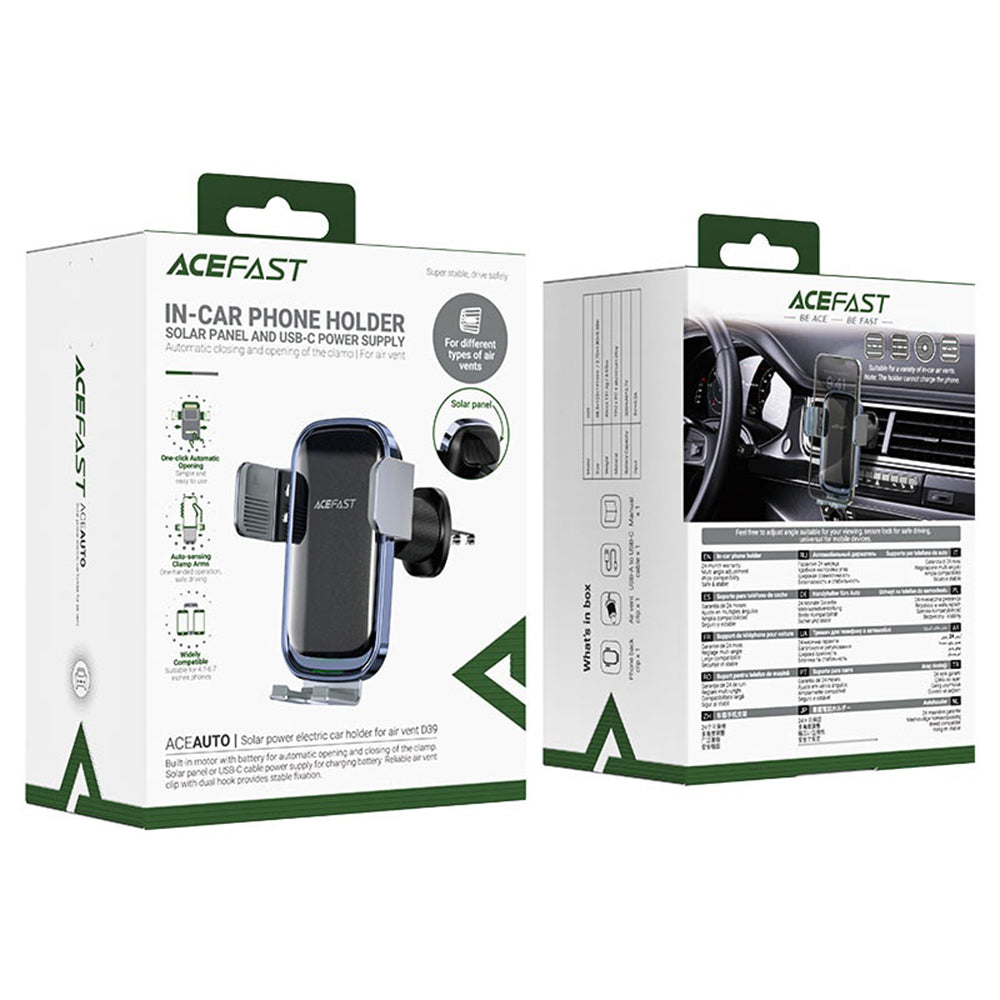 Suport Acefast with Wireless Charging (D39), for Air Vent, with Solar Panel, Battery, Automatic Arms, Negru