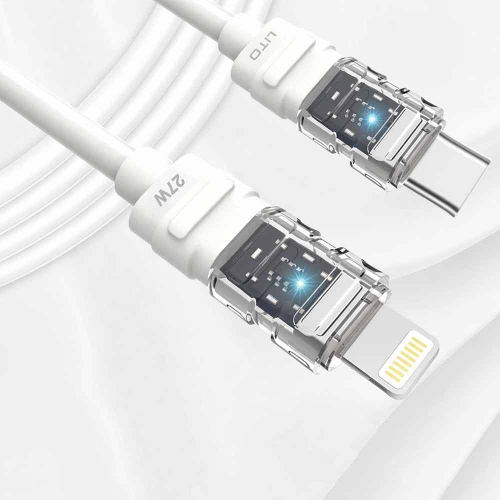 Cablu Lito Mechanical (LD05), Type-C to Lightning, Fast Charging 27W, Transparent Head, LED, Alb