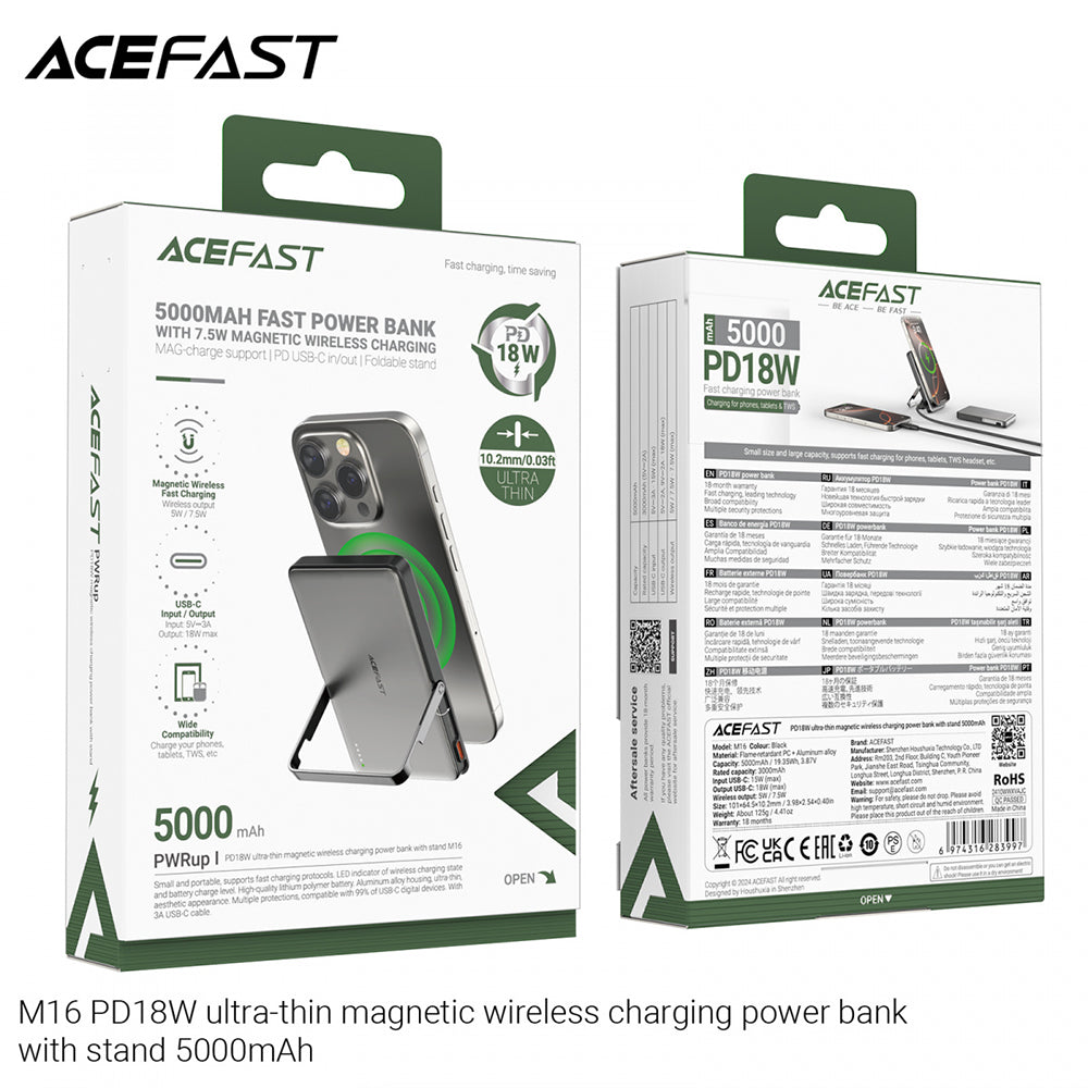 Baterie externa Acefast Magnetic Wireless (M16-5000), with Foldable Stand, USB-C Port, 5000mAh, PD18W, LED Indicator, Negru