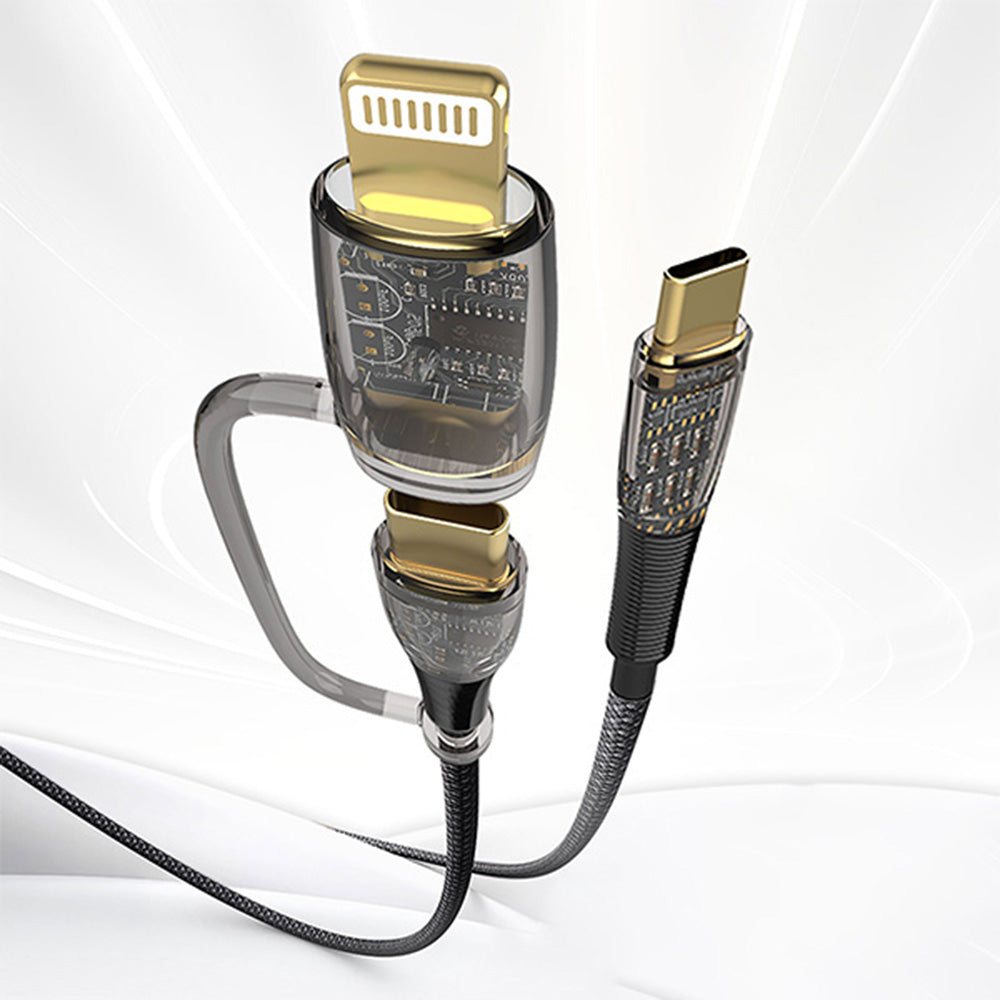 Cablu Lito Transparent 2in1 (LD12), Type-C to Type-C, Lightning, Fast Charge, Braided, Anti-oxidant, Negru