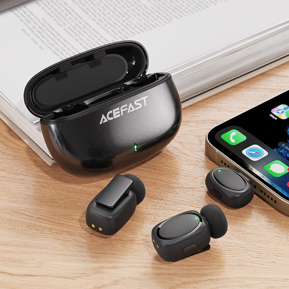 Casti Acefast Wireless Lavalier Microphones (R2), Type-C, 360°, Noise Reduction, Dual-mic Rec, 300mAh, Ultra-low Latency, Negru