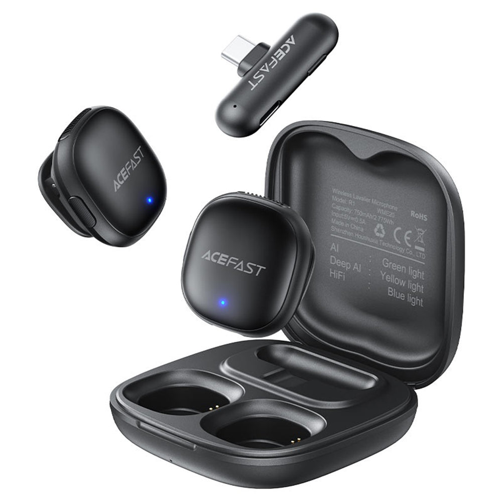 Casti Acefast Wireless Lavalier Microphones (R1), Type-C, 360° Pickup Range, Noise Reduction, 750mAh, Ultra-low Latency, Negru