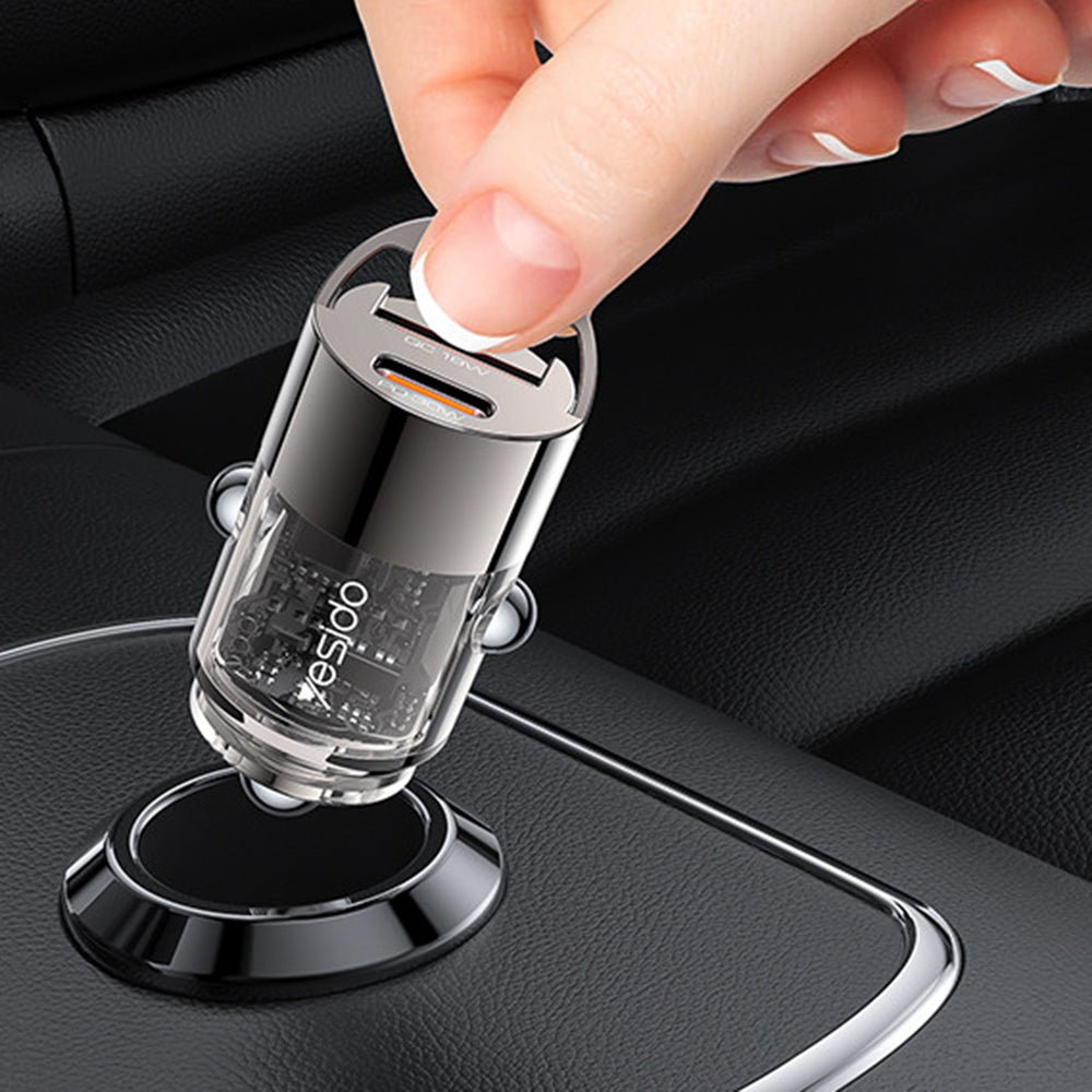 Incarcator Yesido Hidden Car (Y68), Dual-Port USB-A + Type-C, PD30W, Aluminum Alloy, Fast Charging, Negru