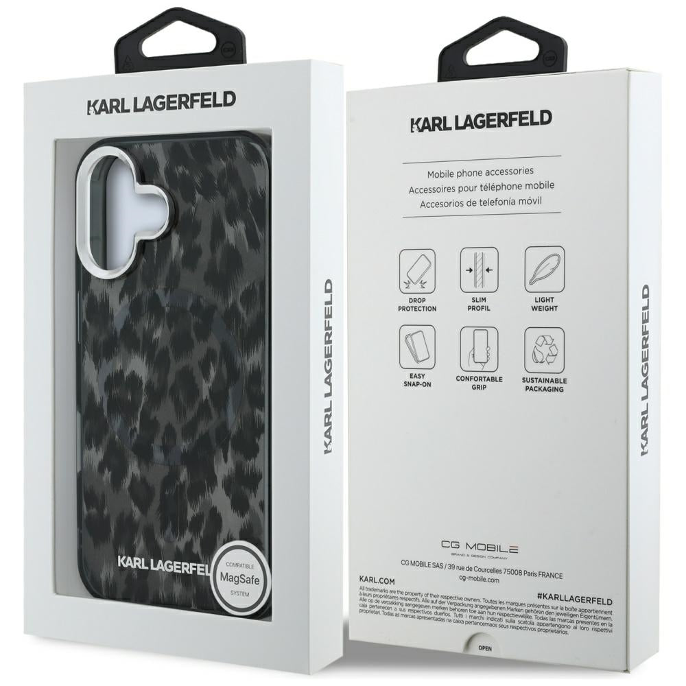 Husa de protectie Karl Lagerfeld IML Leopard Pattern MagSafe (KLHMP16SHDLEOICK) compatibil cu iPhone 16, Negru
