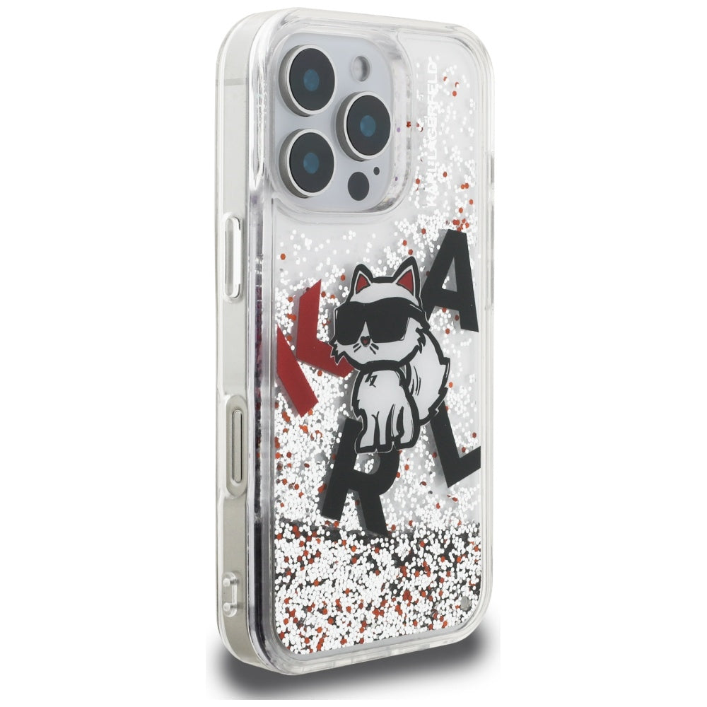 Husa de protectie Karl Lagerfeld Liquid Glitter Choupette Logo MagSafe (KLHCP16XLCHSCTDT) compatibil cu iPhone 16 Pro Max, Transparent