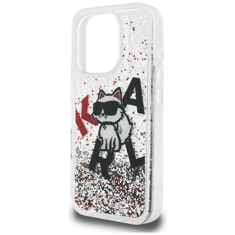 Husa de protectie Karl Lagerfeld Liquid Glitter Choupette Logo MagSafe (KLHCP16XLCHSCTDT) compatibil cu iPhone 16 Pro Max, Transparent