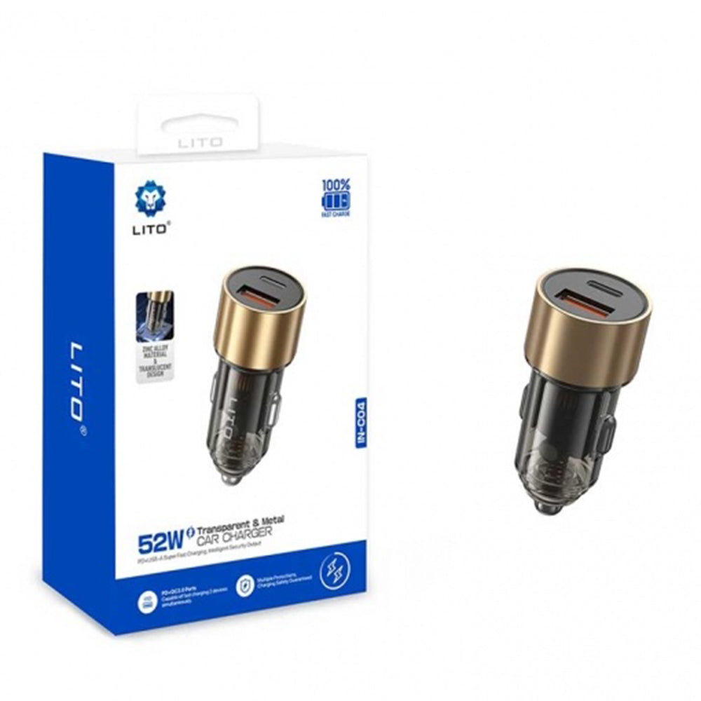 Incarcator Lito Car (IN-C04), 1x USB, 1x Type-C, 52W, Fast Charging, Ultra-Mini & Sleek Design, Universal, Negru