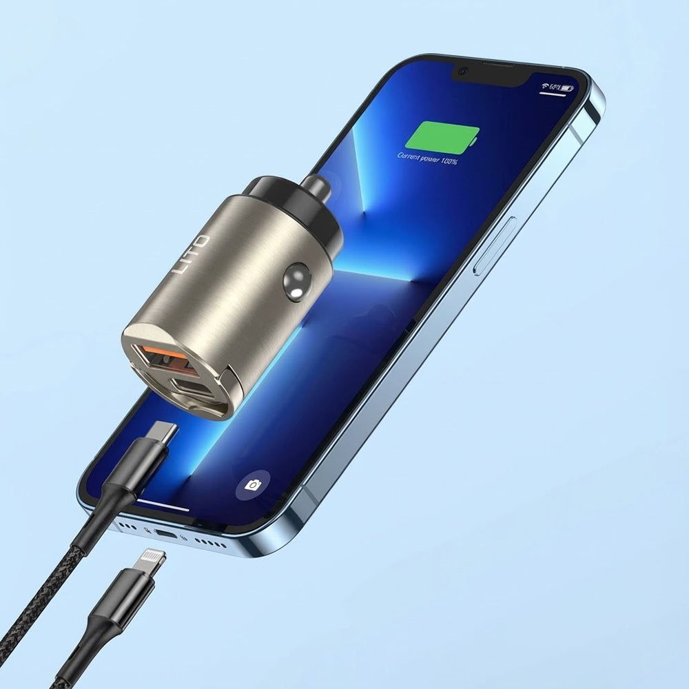 Incarcator Lito Car (IN-C03), 1x USB, 1x Type-C, 30W, Fast Charging, Ultra-Mini & Sleek Design, Universal, Negru