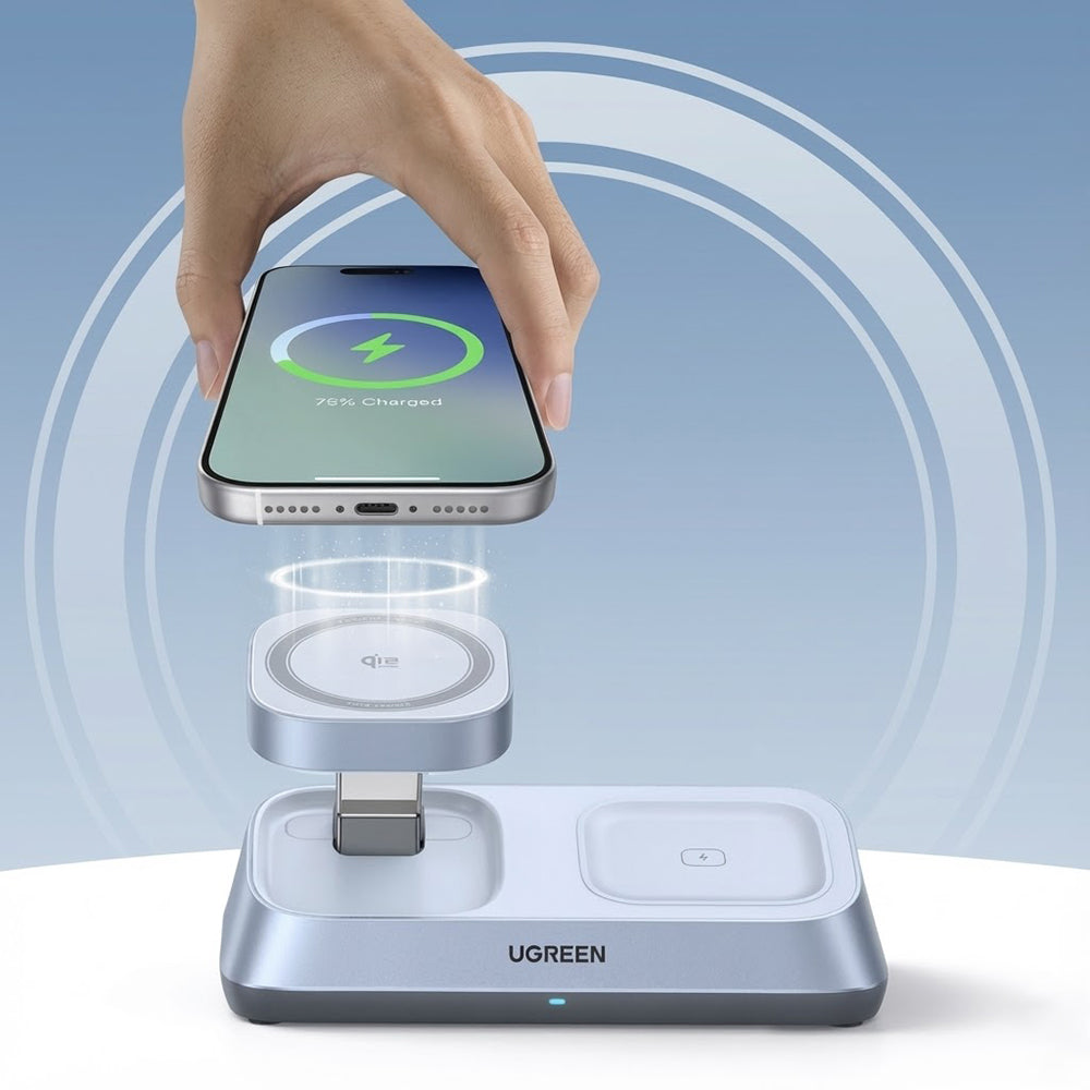Incarcator Ugreen Wireless Charging Station W711, MagSafe, Fast Charging, Qi2, for iPhone, AirPods, Apple Watch, 25W, Albastru