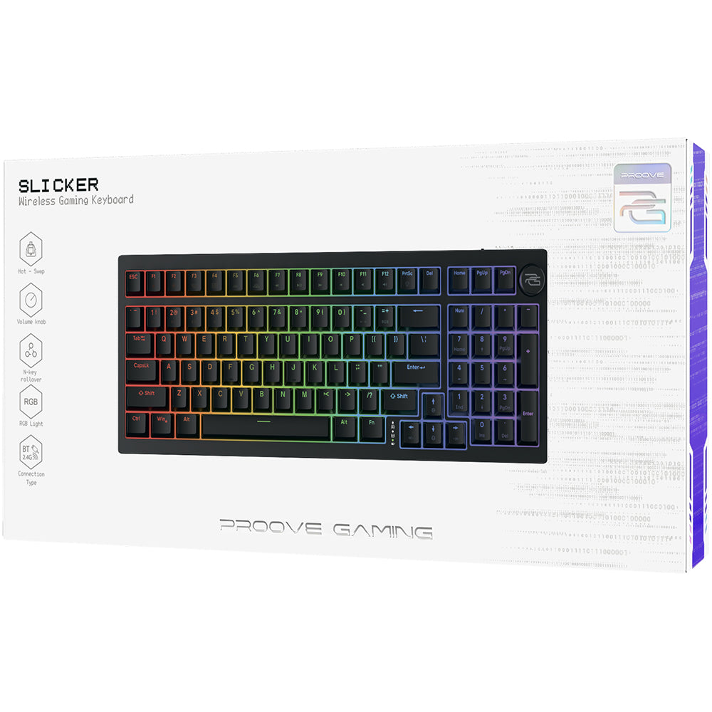 Tastatura/Mouse Proove Wireless Gaming Keyboard Slicker (WKSLEN00022401), 2.4GHz, Bluetooth 5.2, Type-C, 98 Keys, 4000mAh, 1.8m, Negru