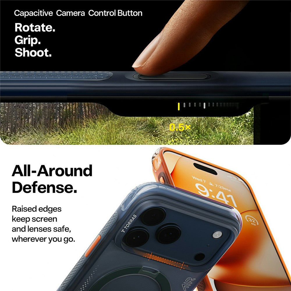Husă Torras Ostand Spin Air Series pentru iPhone 17 Pro Max / iPhone 18 Pro Max, portocalie