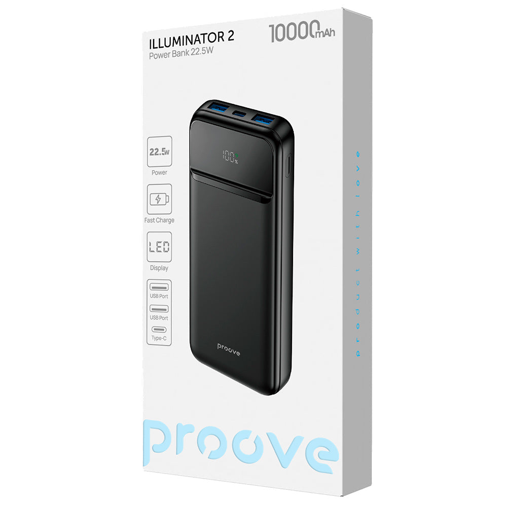 Baterie externa Proove Illuminator 2 (PBIP10212201), Type-C, 2x USB, with LED Display, Fast Charge, 22.5W, 10000mAh, Negru