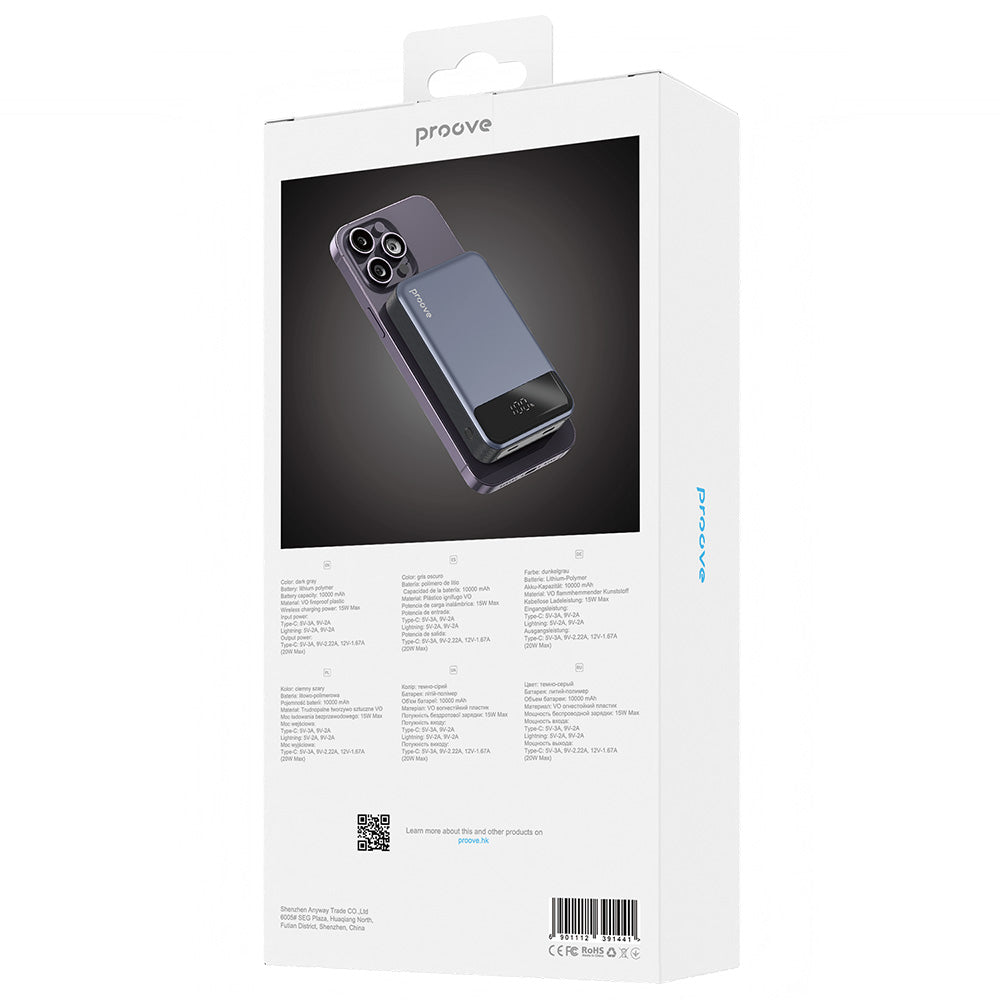 Baterie externa Proove Hoodman (PBH120010003), Type-C, Lightning, Magnetic, with LED Display, Qi, 20W, 10000mAh, Gri
