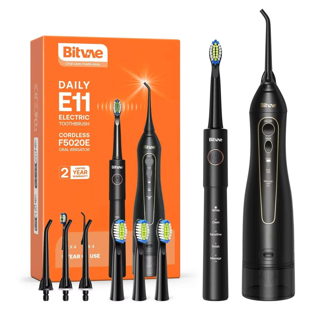 Bitvae Electric Toothbrush (E11) + Water Flosser (F5020E), Ultrasonic, 2x4 Heads, 5 Brush Modes, 3 Irrigate Modes, Negru