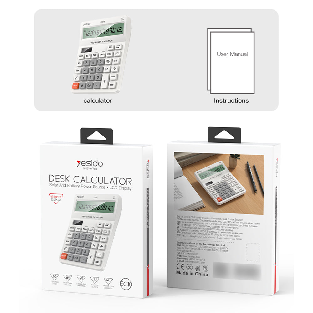 Gadget Yesido Desk Calculator (EC10), LCD Display, Ergonomic Design, Solar and Battery Power Source, MAx 12 Digits of Number, Alb