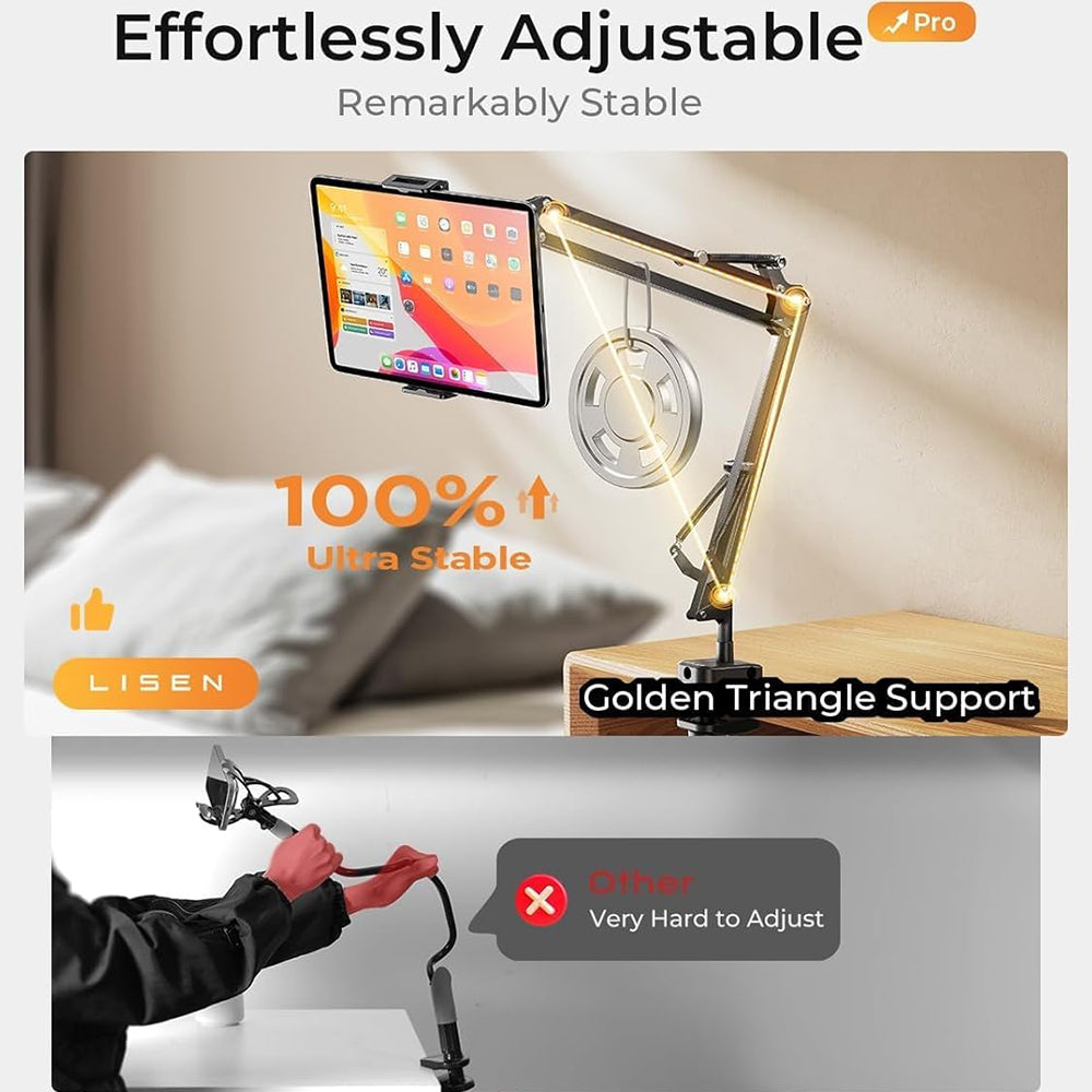 Suport Lisen (YL0223060007), Table Edge Mounting, 360° Rotate, Foldable, Adjustable, for Phone, Tablet 12.9", Negru