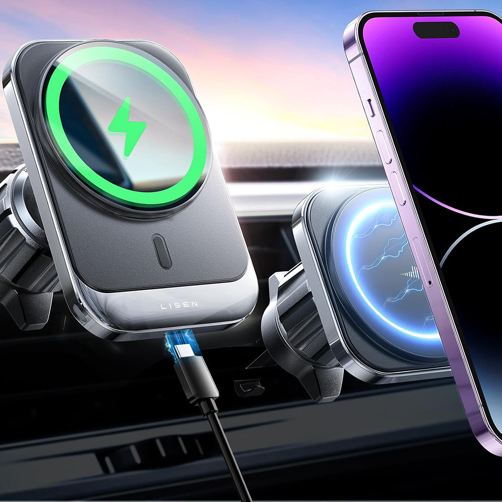Suport Lisen with Wireless Charging (YL0223070009), MagSafe, Air Vent, Square Shape, One-Click Release, 15W, Negru