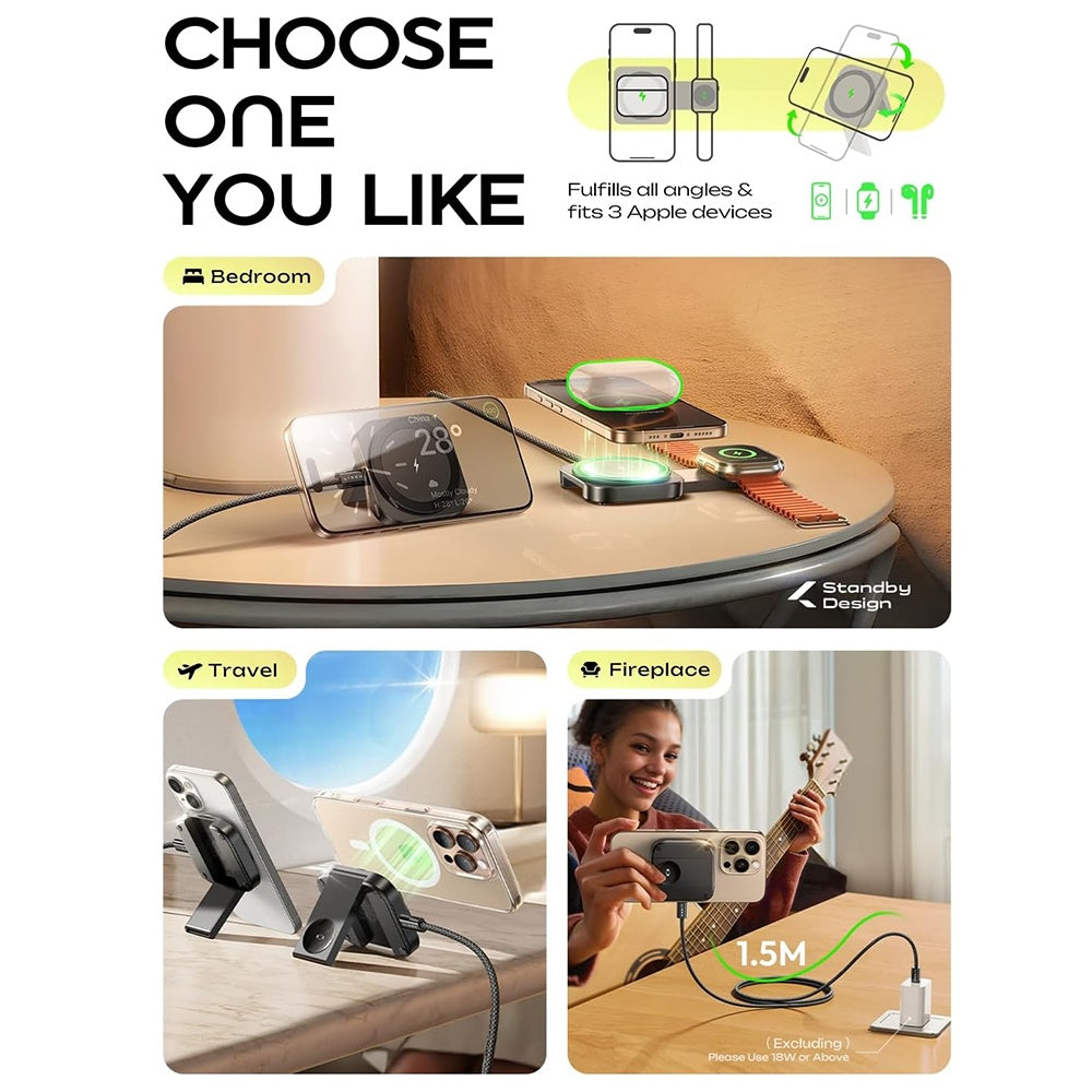 Incarcator Lisen Wireless 2in1 (YL0324100013), MagSafe, with Type-C Cable, for iPhone, Apple Watch, AirPods, 15W, Negru