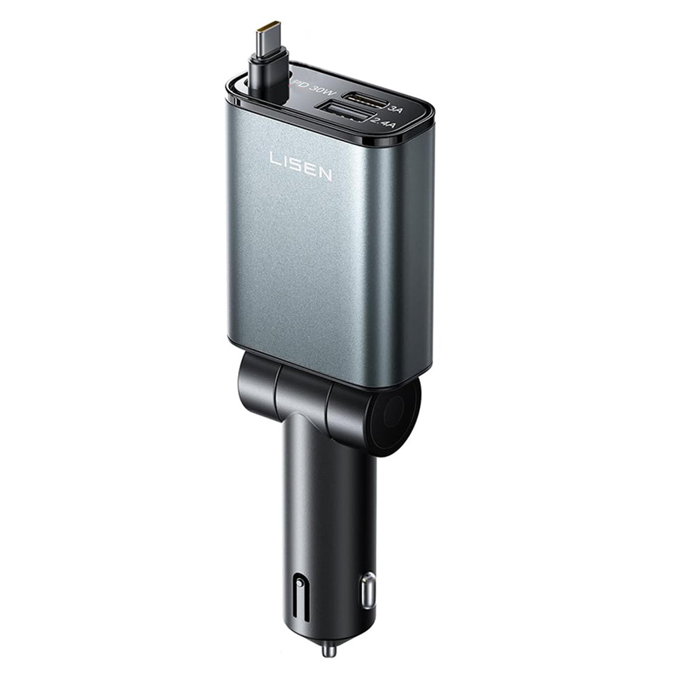 Incarcator Lisen Car (YL0325010016), 3in1, with Type-C Retractable Cable, 57W, Aluminum Alloy, 12V/24V, Negru