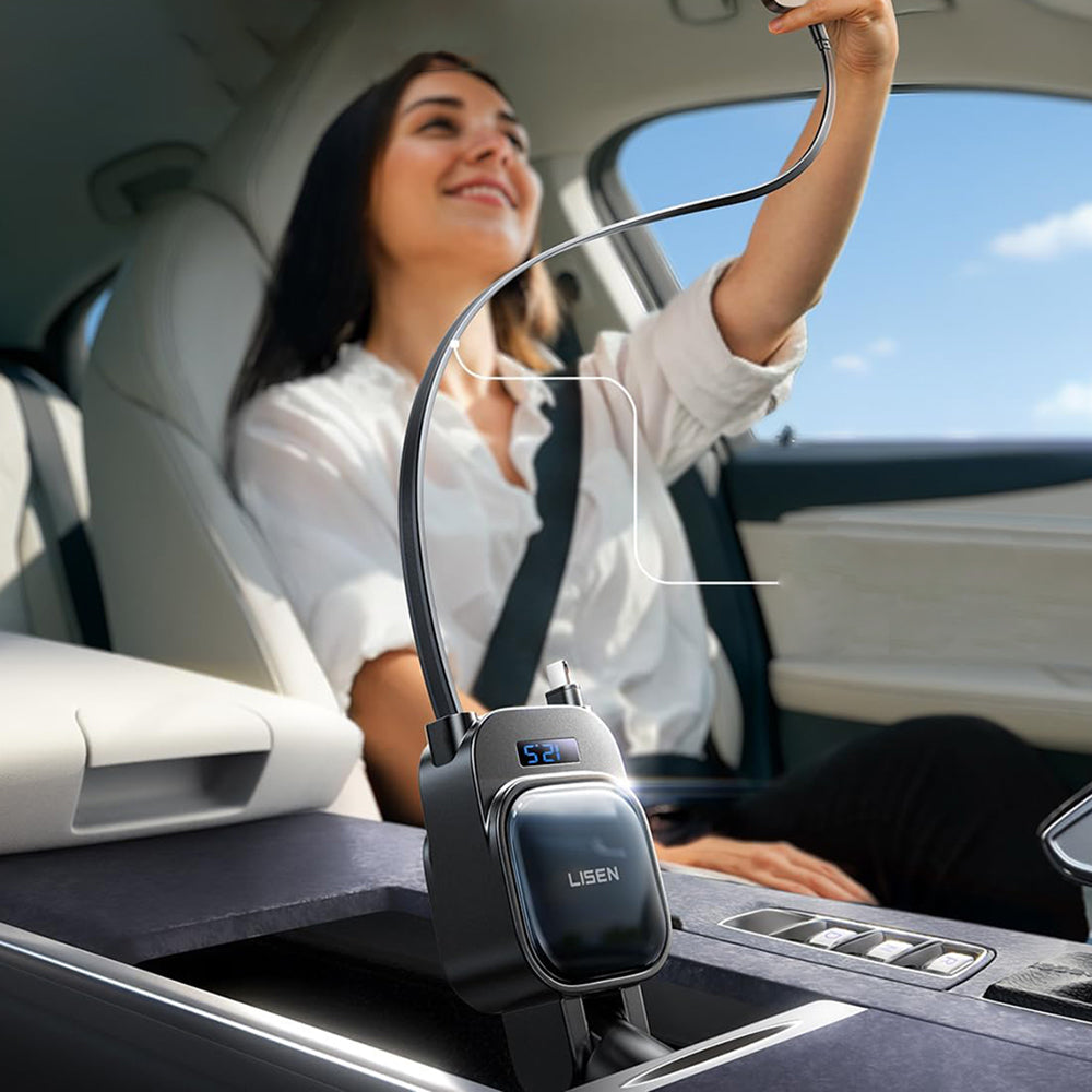 Incarcator Lisen Car (YL0224080017), 4in1, USB, Type-C, with 2x Retractable Cable, LED Display, 96W, 12V=24V, Negru