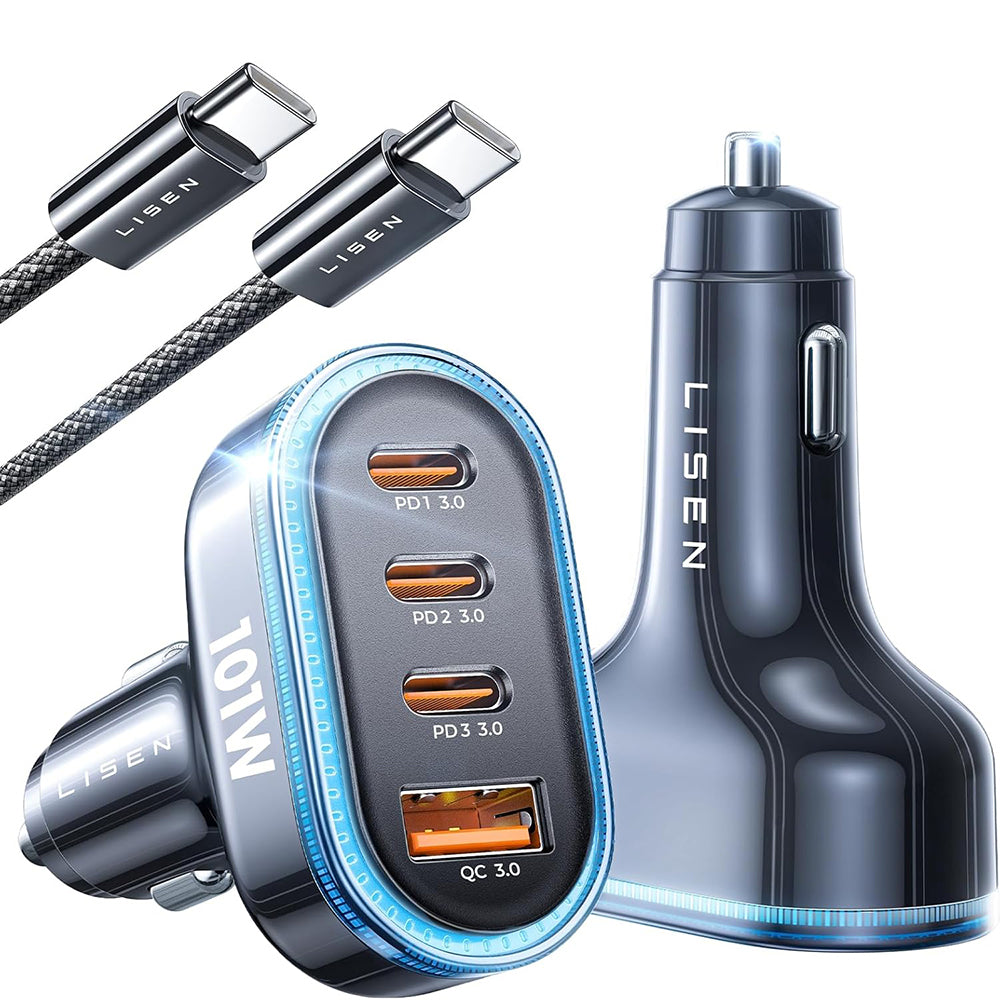 Incarcator Lisen Car (YL0223120021), with Type-C Cable, USB, 3x Type-C, 101W, Fast Charge, 12V=24V, Negru