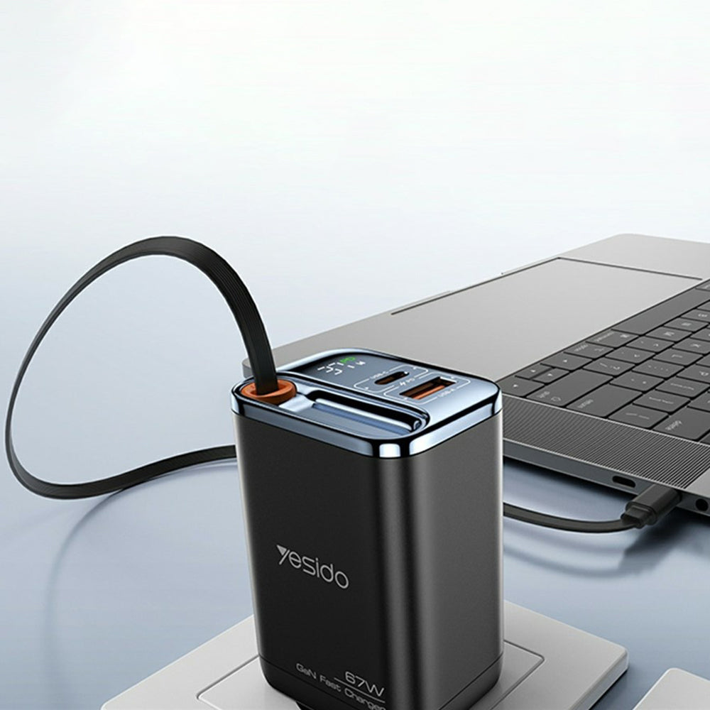 Incarcator Yesido (YC100), USB, Type-C, GaN, Fast Charging, Digital Display, 67W, Retractable Type-C Cable, 65cm, Negru