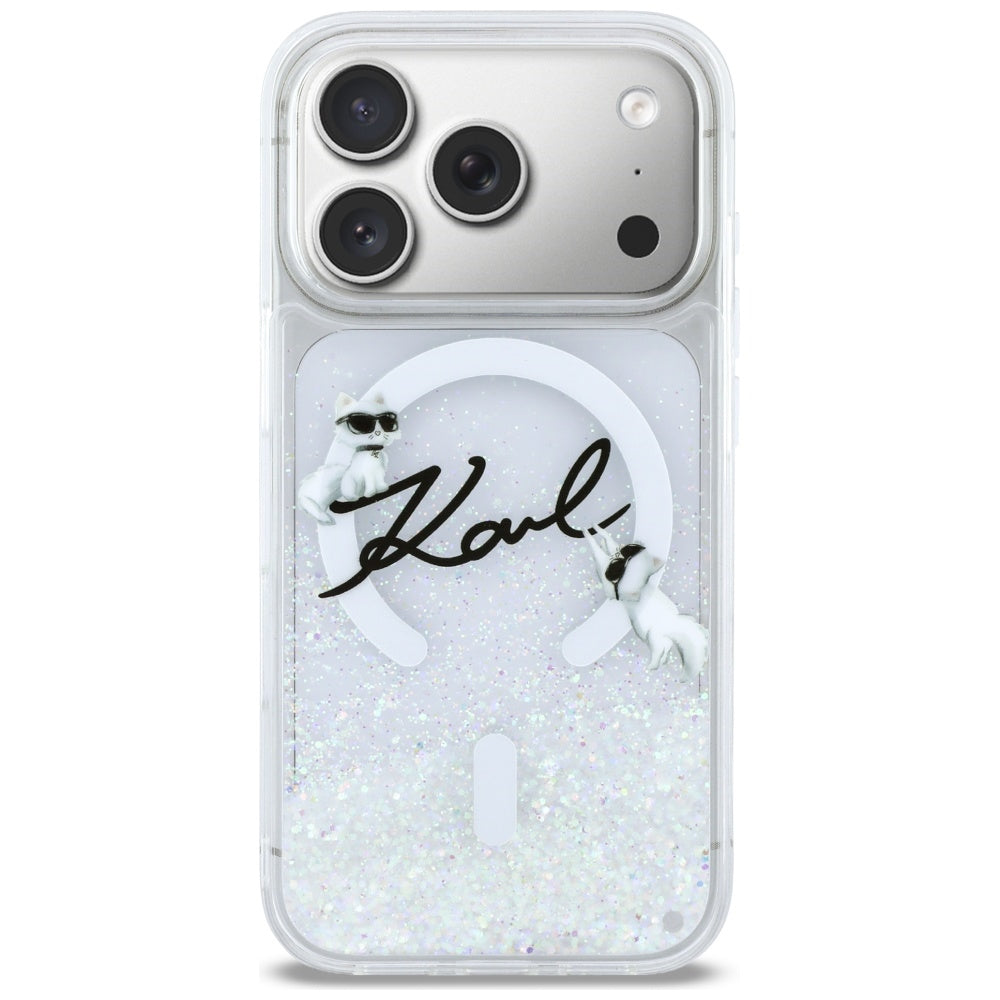 Husa de protectie Karl Lagerfeld Glitter Karl Script Logo MagSafe (KLHMP17L6LKSCAMT) compatibil cu iPhone 17 Pro, Transparent