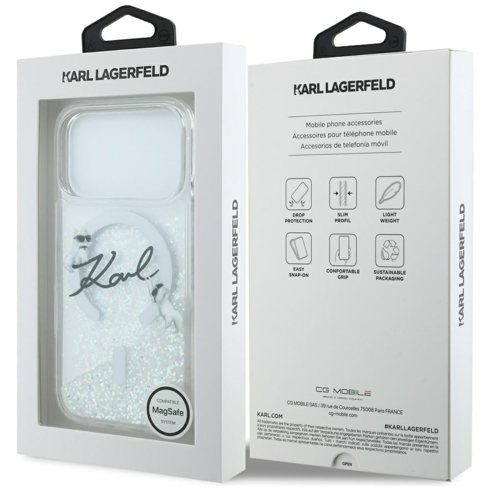 Husa de protectie Karl Lagerfeld Glitter Karl Script Logo MagSafe (KLHMP17L6LKSCAMT) compatibil cu iPhone 17 Pro, Transparent