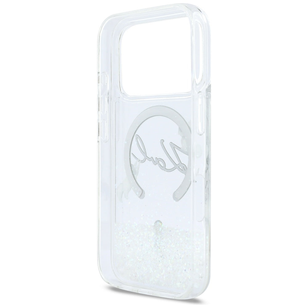 Husa de protectie Karl Lagerfeld Glitter Karl Script Logo MagSafe (KLHMP17L6LKSCAMT) compatibil cu iPhone 17 Pro, Transparent