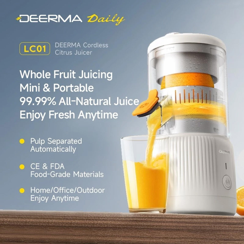 Gadget Deerma Electric Citrus Juicer (LC01), Cordless, Portable, Automatic Pulp Separation System, 1500mAh, 45W, BPA-Free, Alb