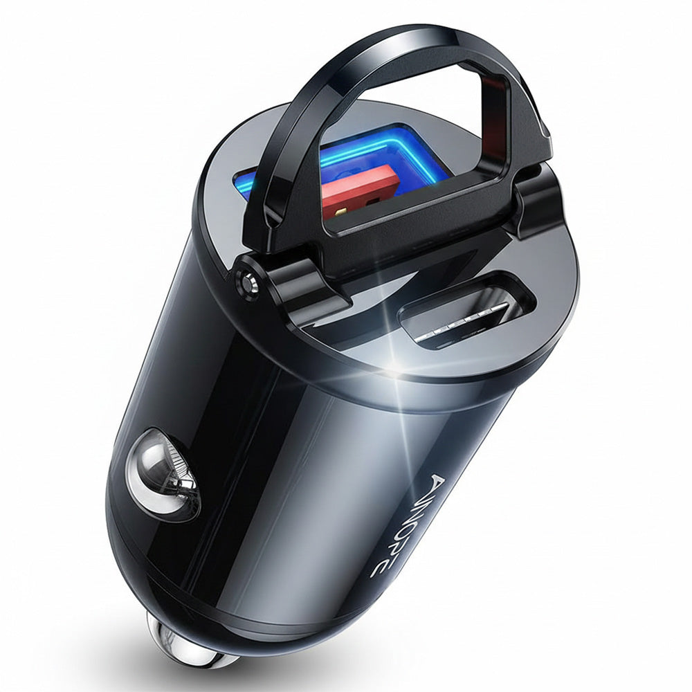 Incarcator Ainope Car (YA0222080015), USB, Type-C, PD30W, with Pull Ring, Aluminum Alloy, 12V/24V, Negru
