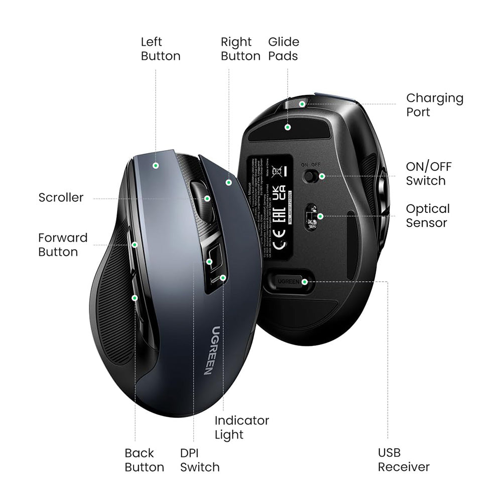 Tastatura/Mouse Ugreen Wireless Mouse MU006S (85082), Bluetooth 5.4, 2.4GHz, Ergonomic, Silent, 6 Buttons, 800 to 4000DPI, 500mAh, Gri