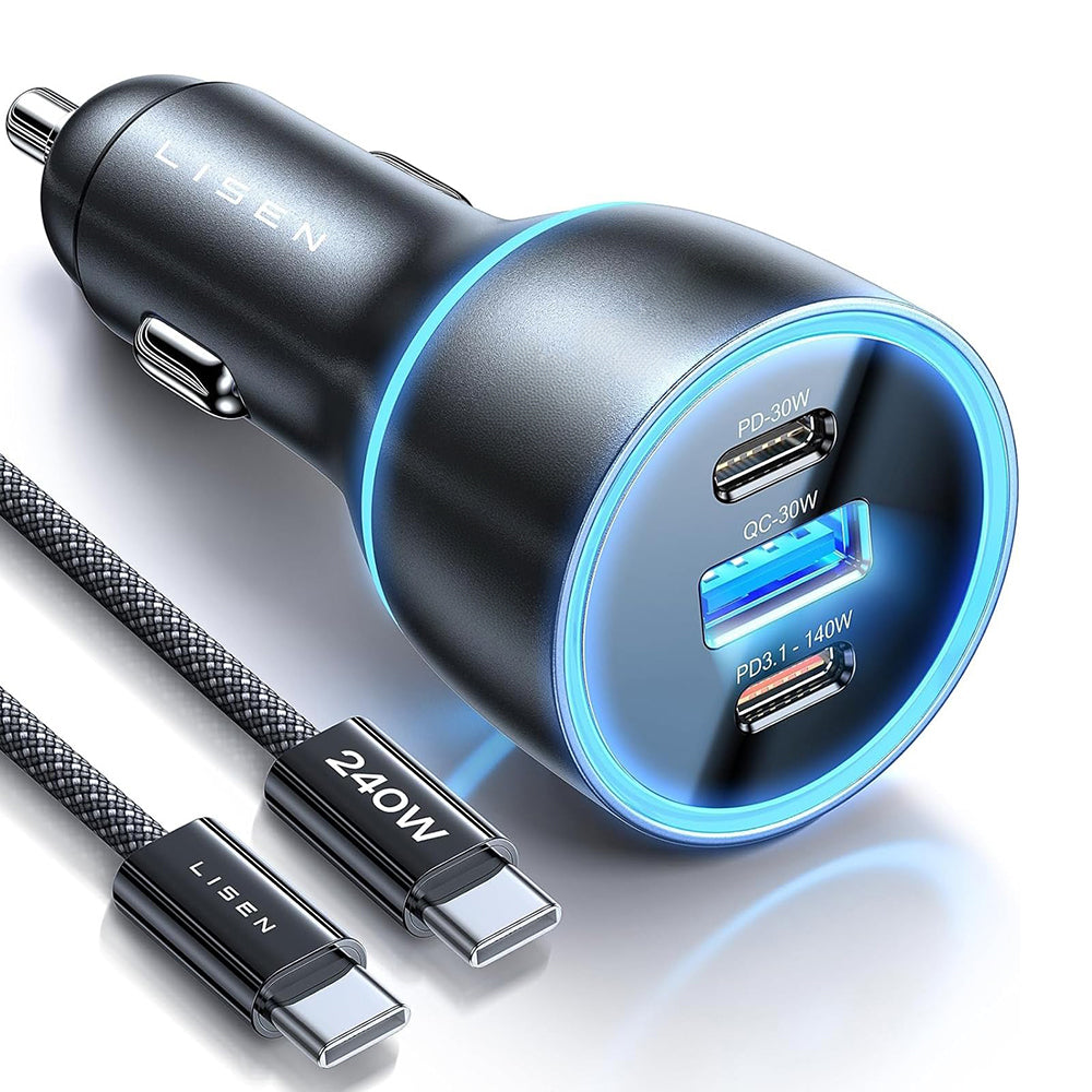 Incarcator Lisen Car (YL0224010001), with Type-C Cable, USB-A, Type-C, 170W, GaN, Aluminum Alloy, 12V/24V, 1m, Negru