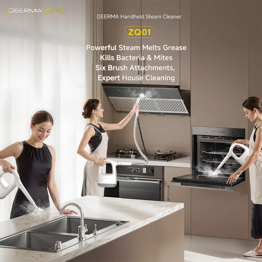 Gadget Deerma Handheld Steam Cleaner (ZQ01), Eliminates Bacteria 99,99%, 1300W, 100°, 36g/min Steam Flow, Brush Attachments, Alb