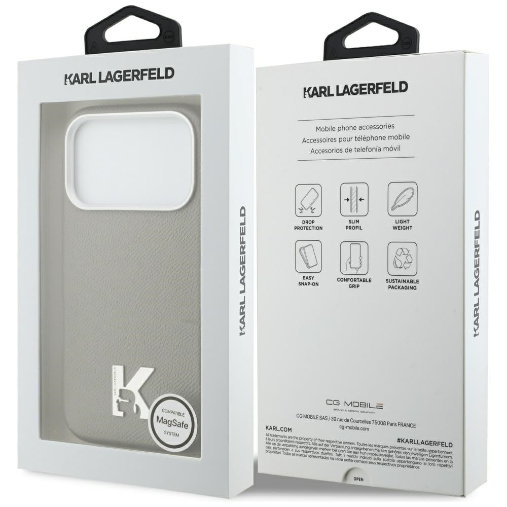 Husa de protectie Karl Lagerfeld Hardcase Leather MagSafe with K Head Logo (KLHMP17L5PGFKHGG) compatibil cu iPhone 17 Pro, Gri