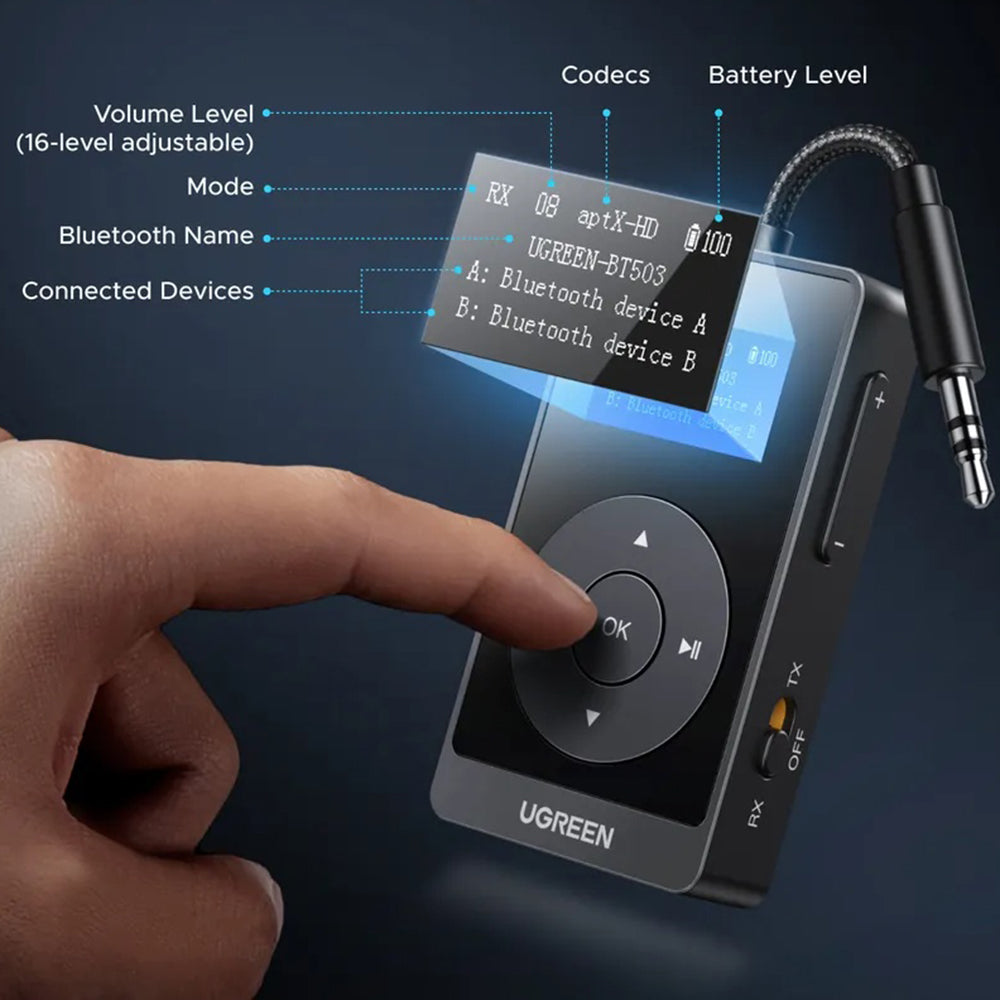 Gadget Ugreen Transmitter Audio Adapter BT503 (45492), Type-C, Jack 3.5mm, Bluetooth 5.3, Hi-Res, OLED Display, 300mAh, Negru