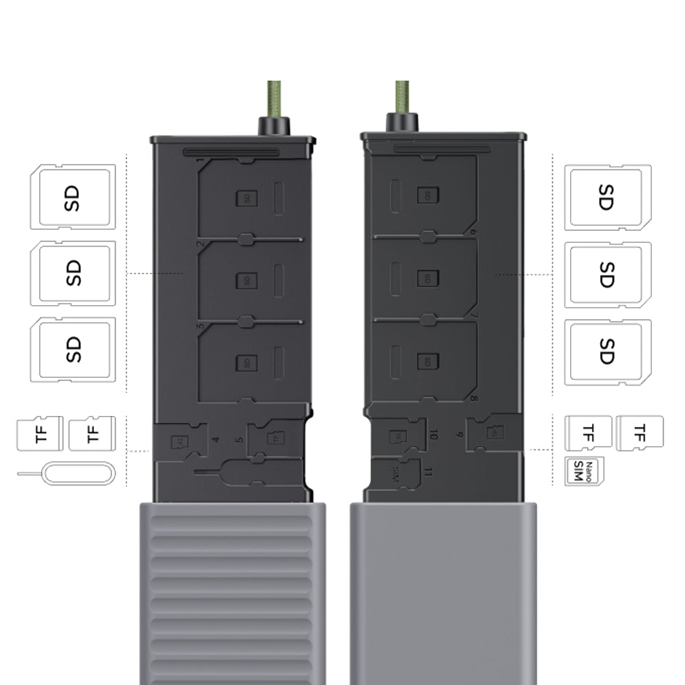 Stocare Ugreen Card Reader CM856 (55899), USB/Type-C to 6x SD, 2x TF, 1x Nano Sim, with Memory Box, 170MB/s, Built-in Cable, Gri