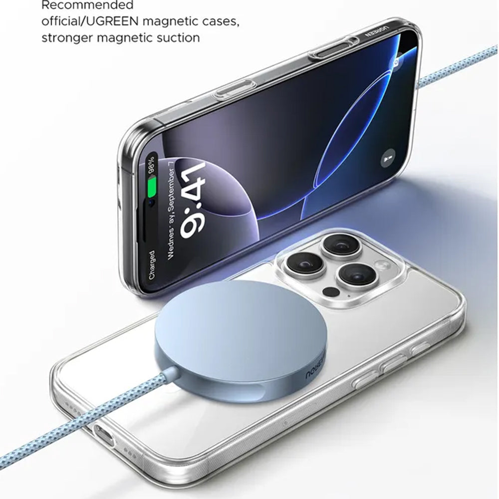 Incarcator Ugreen Wireless MagFlow (55959), Fast Charging, MagSafe, Qi2, 25W, Strong Grip, 1.5m, Albastru