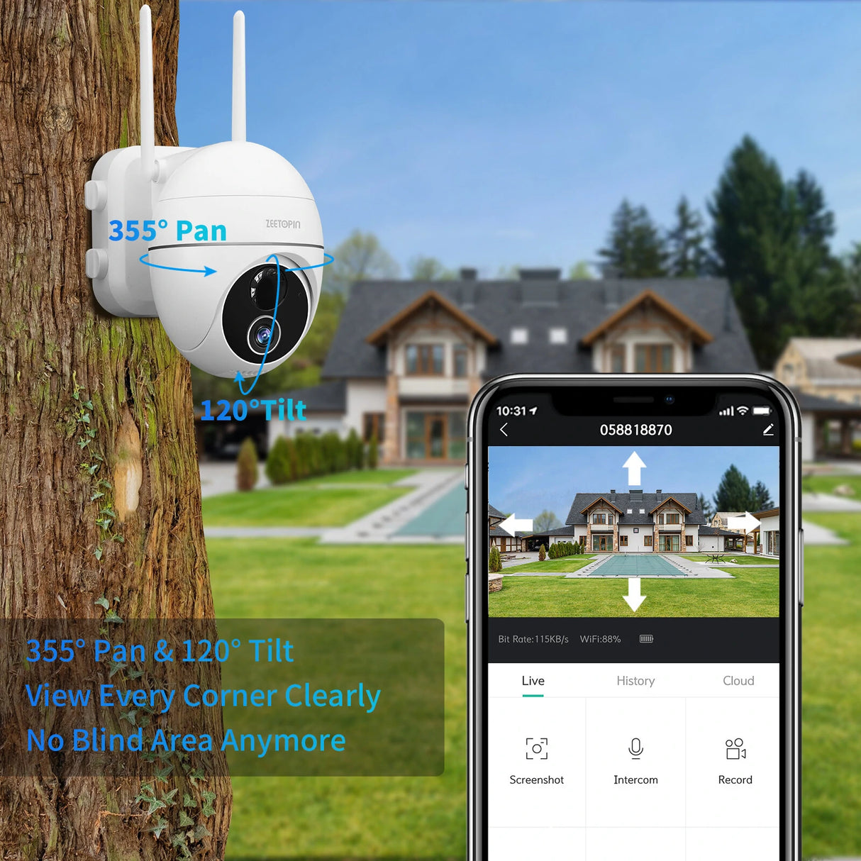 Zeetopin ZS-GX3S 1080P vezeték nélküli megfigyelőkamera, 360°-os forgatható és dönthető, 4x zoom, napelemes, 15000mAh akkumulátor, éjjellátó 20 méteres hatótávolsággal, kétirányú hangátvitel, SD/felhőalapú tárhely, IP66