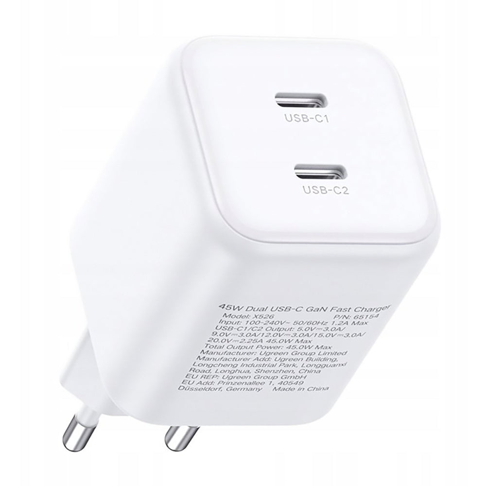Incarcator Ugreen (65154), 2x USB-C, 45W, GaN, Alb